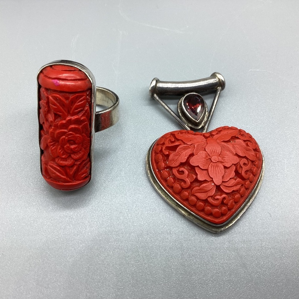 Sajen 925 Sterling Silver Cinnabar Garnet Pendant And Long Ring, Matching Set